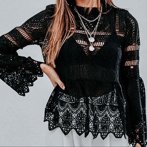 BOOHOO Black Lace Bell Sleeve Top